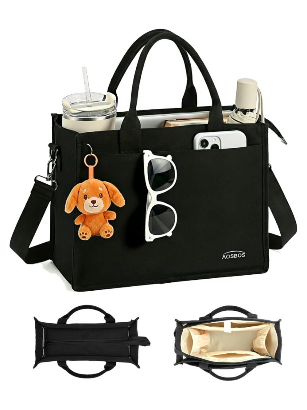 Aosbos Canvas Tote Bag with Zipper 14" Laptop Work Purse